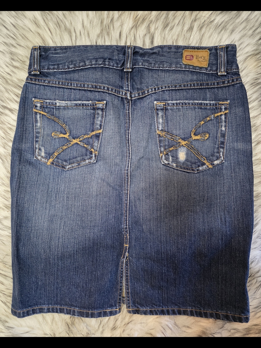 BKE Blue Denim Midi Skirt with Back Pocket Embroidery Y2k